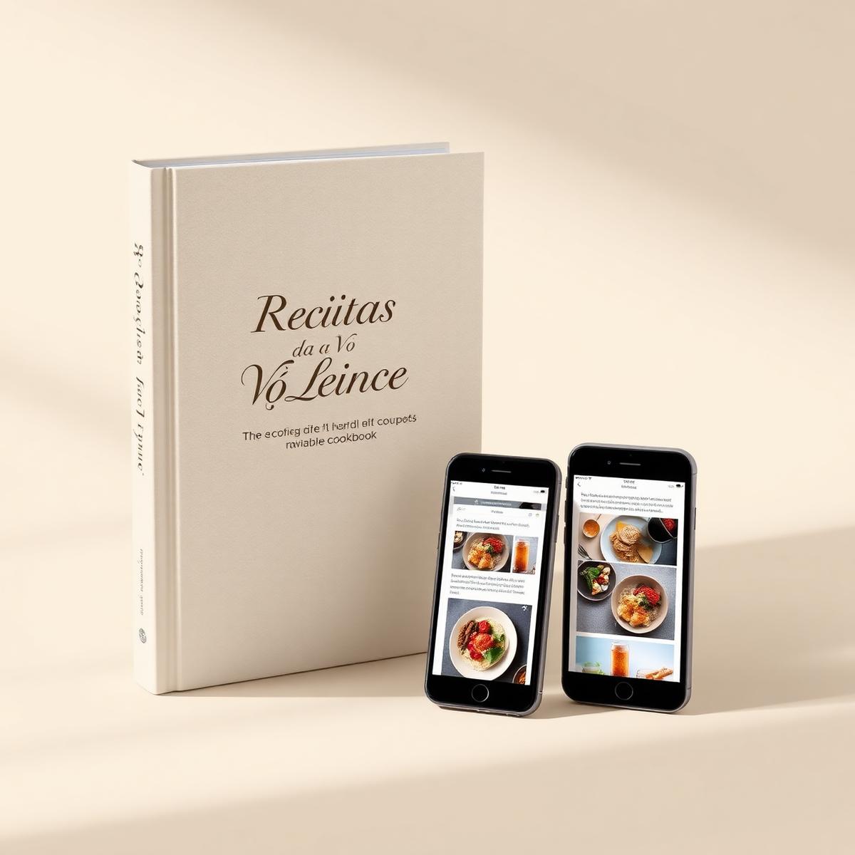 Livro, tablet e celular mostrando as Receitas da Vó Lenice
